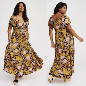NWT Torrid 1 Hippie Floral Black Maxi Flutter-Sleeve Tiered Dress 1X 14 16